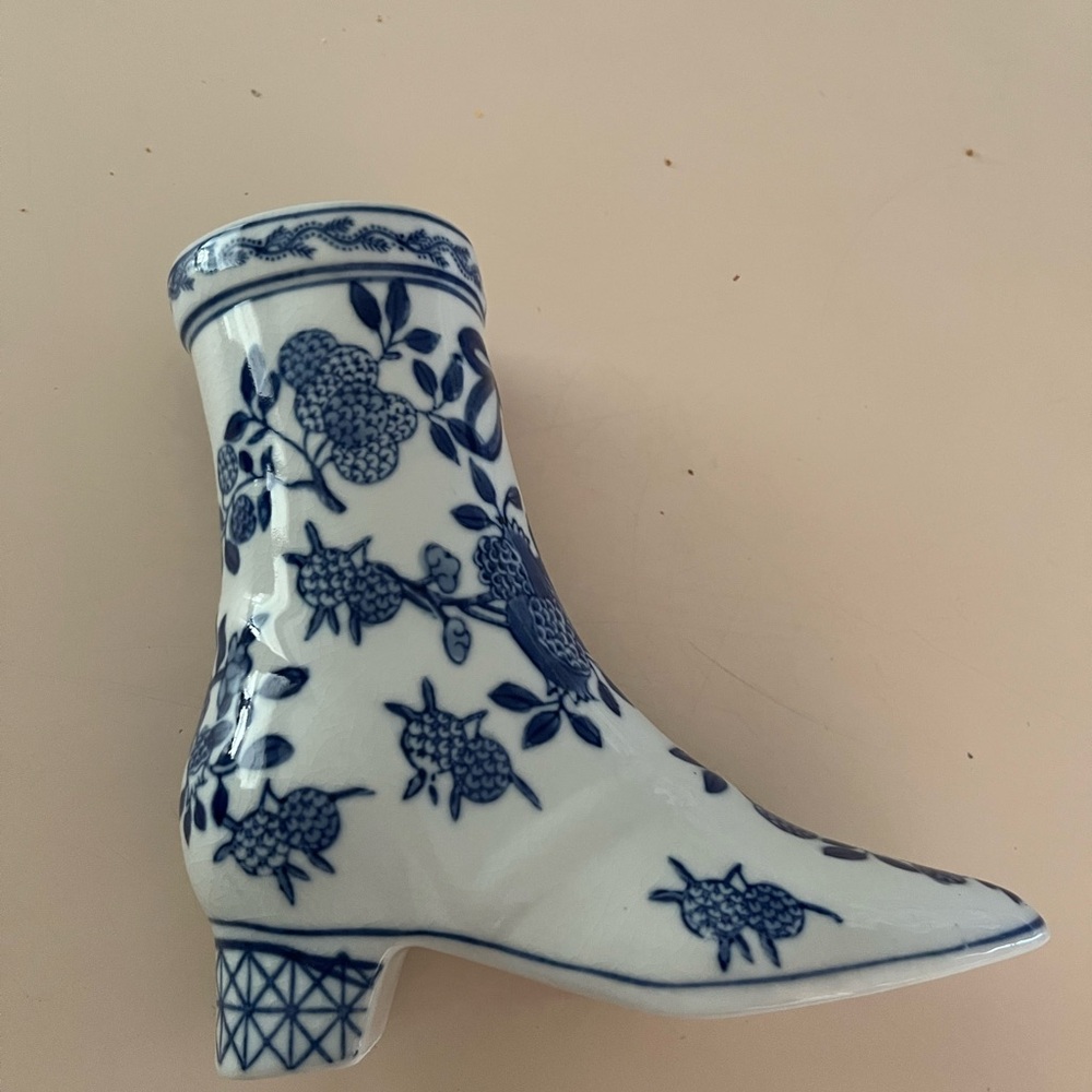 Floral Blue and White Ceramic Boot